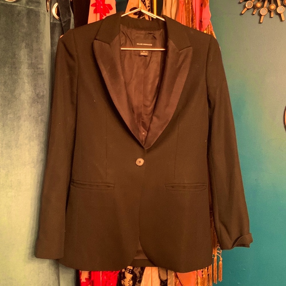 CLUB MONACO TUXEDO BLAZER size 0 NWOT SILK + WOOL quiet luxury ELITE sleek chic